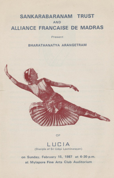 Photo : Affiche qui annonce le premier récital (Arangetram) de Lucia Anjali sous la direction d’Udipi Laxminarayan, en 1987, à Chennai.
